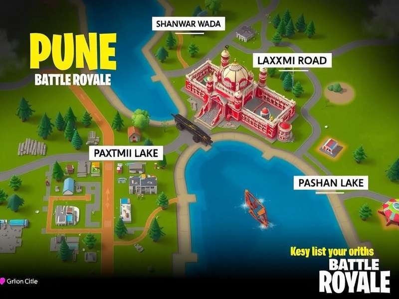 Pune Battle Royale Map - Explore Pune's Iconic Locations Pune Battle Royale game map showing key locations like Shaniwar Wada, Laxmi Road, and Pashan Lake